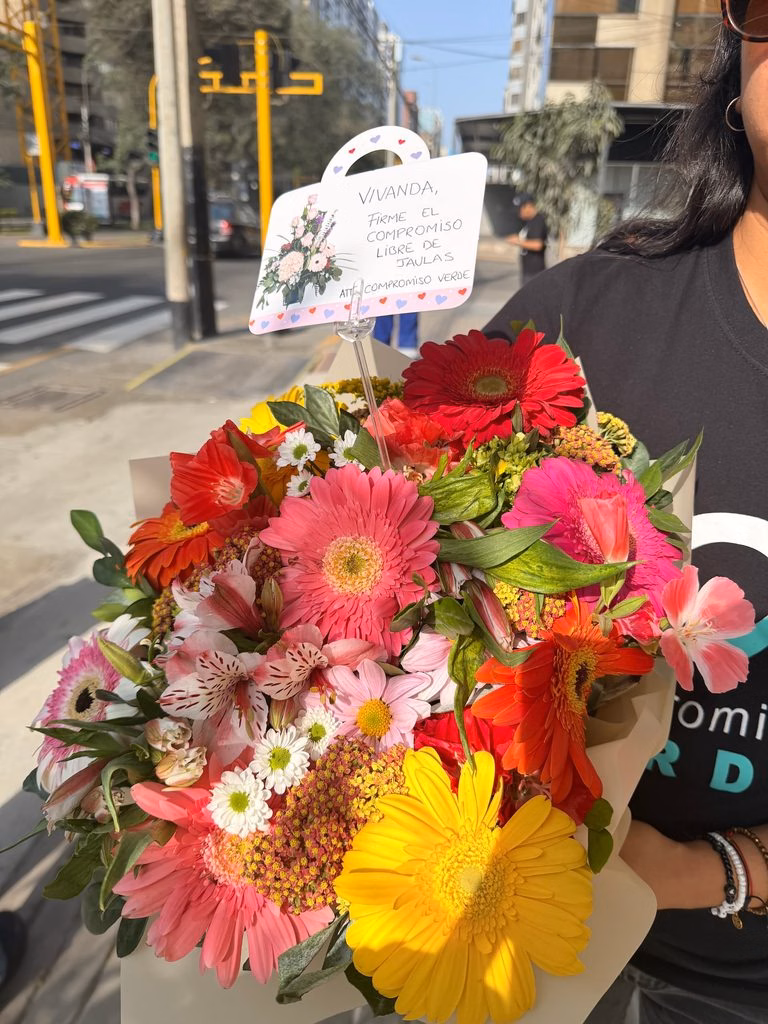 Ramo de flores coloridas con una tarjeta que dice "Vivanda, firme el compromiso libre de jaulas. Atte. Compromiso Verde"